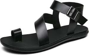 Men'S Soft Leather Flat Toe Ring Sandals With Adjustable Ankle Strap Buckle Fashionable Round Toe Comfortable Lightweight Non-Slip Gladiator Sandals For Casual Summer Beach Walking