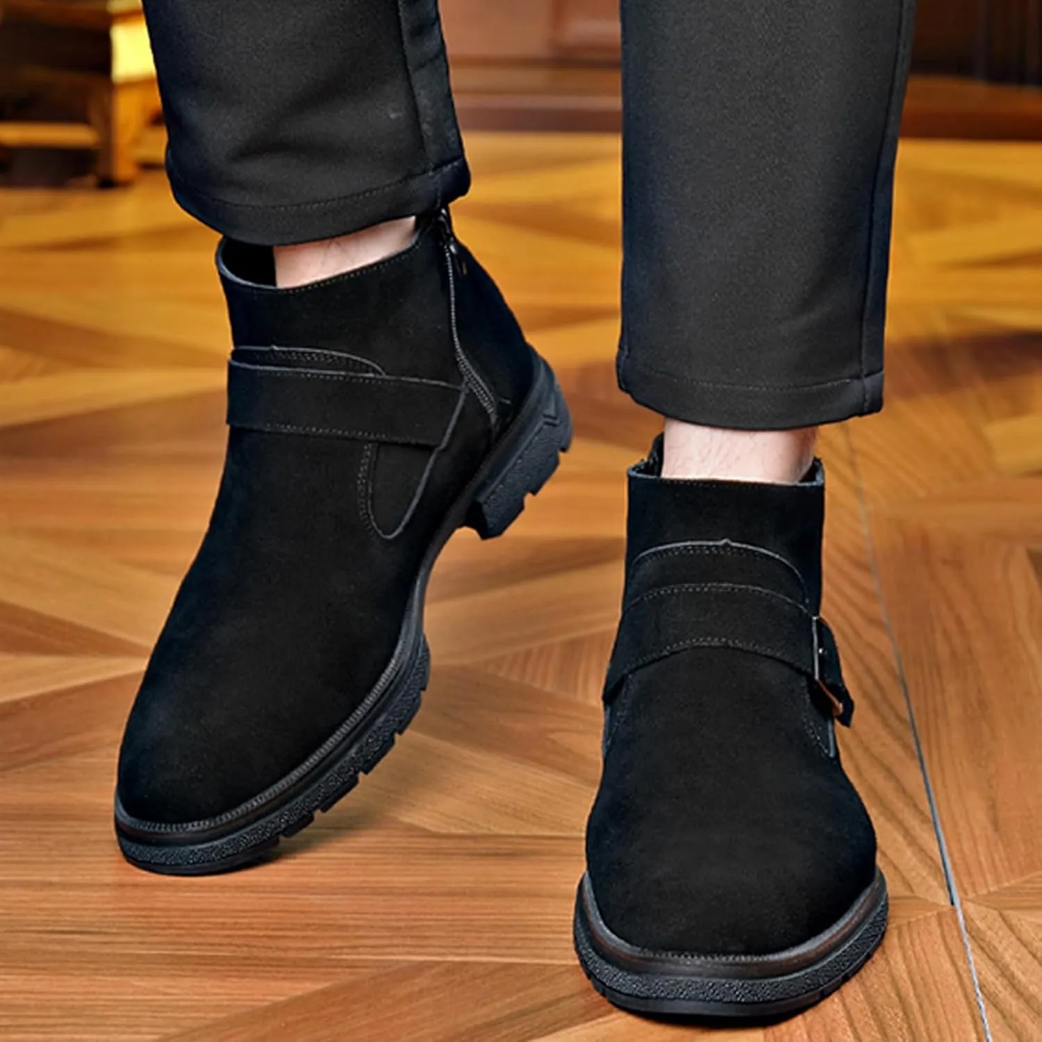 Men's Suede Buckle Low Block Heel Chelsea Ankle Boots with Zipper Retro Round Lug Sole Non-Slip Warm Plush Lining Business Chukka Booties