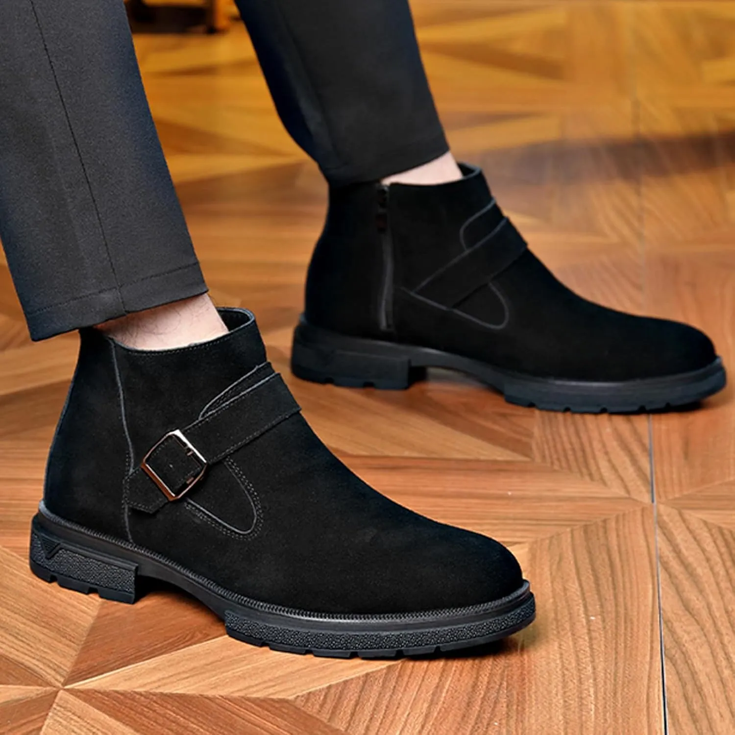 Men's Suede Buckle Low Block Heel Chelsea Ankle Boots with Zipper Retro Round Lug Sole Non-Slip Warm Plush Lining Business Chukka Booties