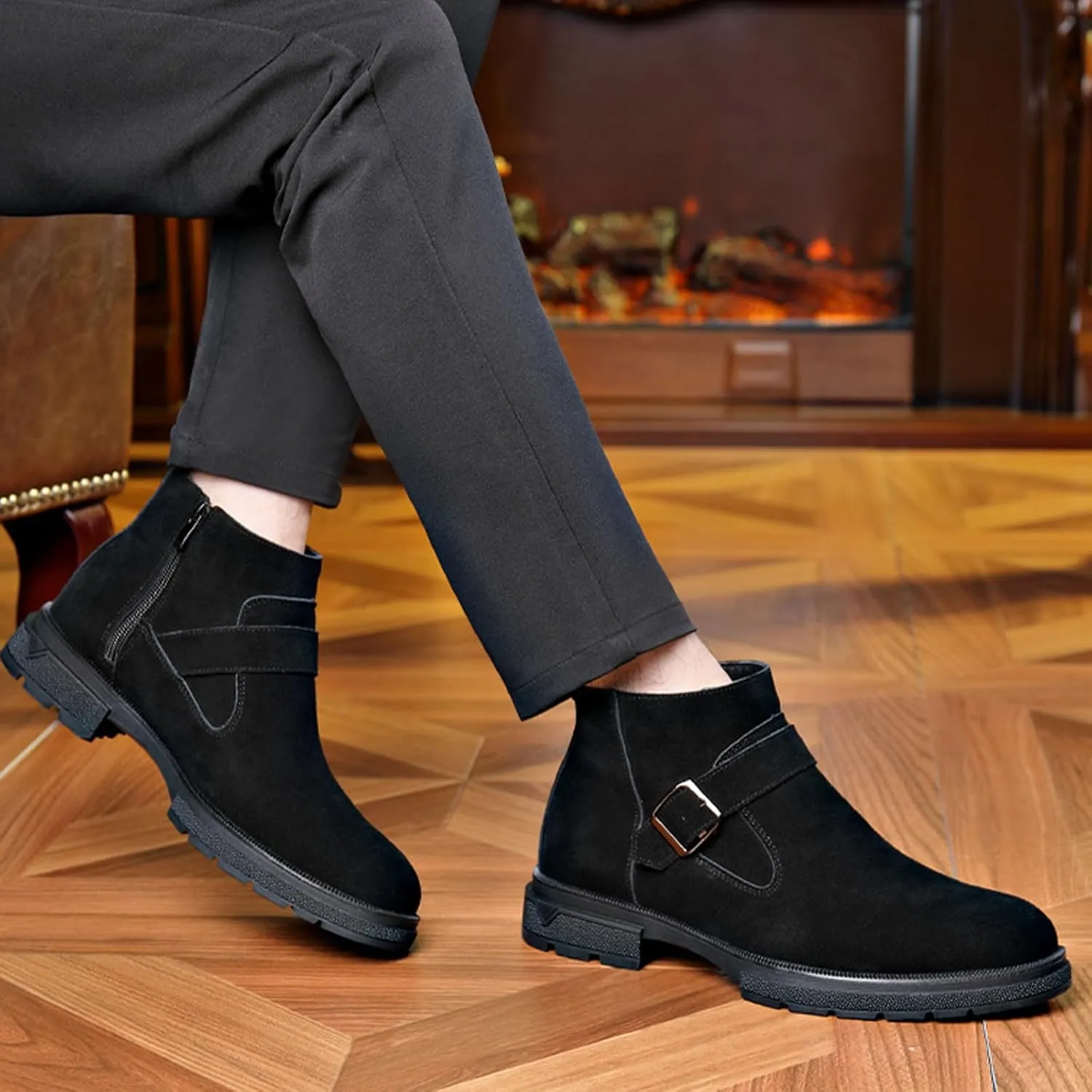 Men's Suede Buckle Low Block Heel Chelsea Ankle Boots with Zipper Retro Round Lug Sole Non-Slip Warm Plush Lining Business Chukka Booties