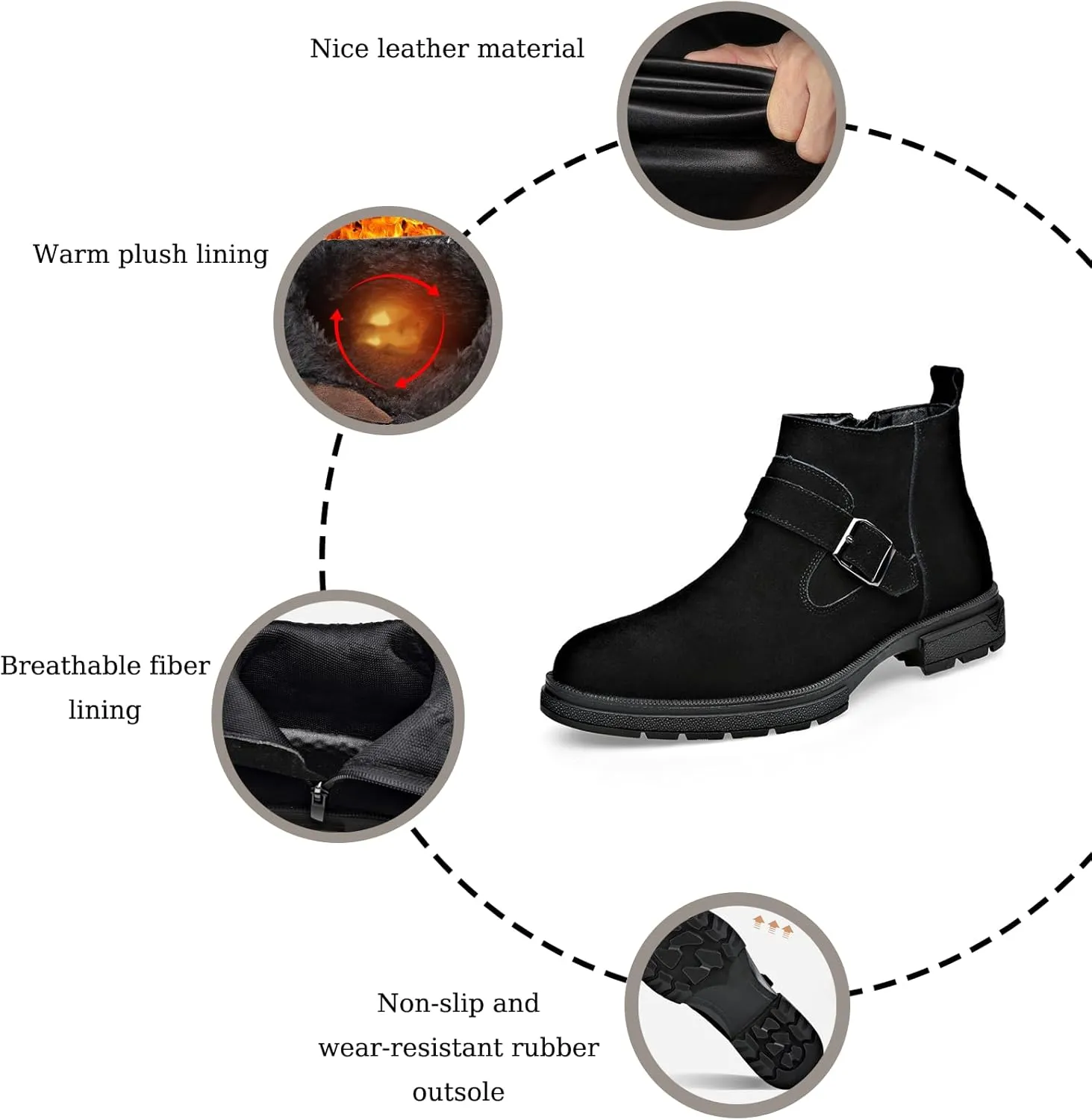 Men's Suede Buckle Low Block Heel Chelsea Ankle Boots with Zipper Retro Round Lug Sole Non-Slip Warm Plush Lining Business Chukka Booties