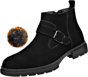Men's Suede Buckle Low Block Heel Chelsea Ankle Boots with Zipper Retro Round Lug Sole Non-Slip Warm Plush Lining Business Chukka Booties