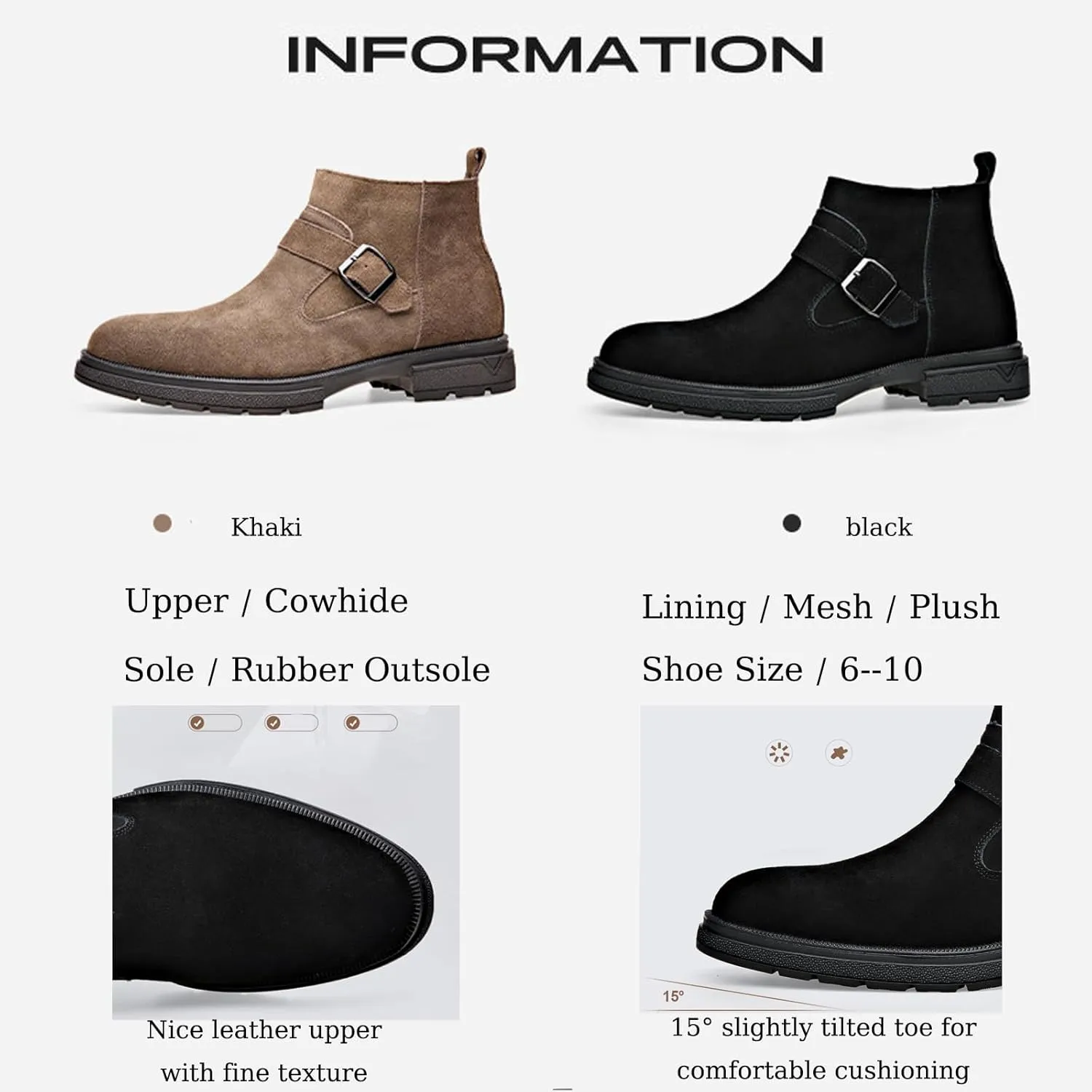 Men's Suede Buckle Low Block Heel Chelsea Ankle Boots with Zipper Retro Round Lug Sole Non-Slip Warm Plush Lining Business Chukka Booties