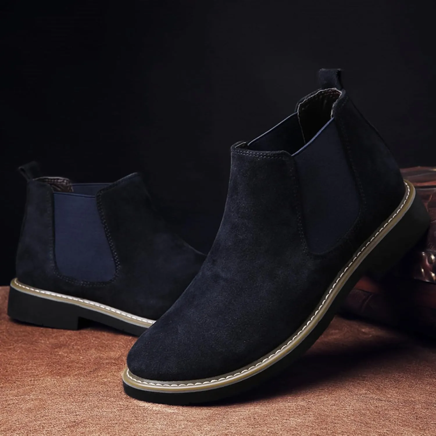 Mens Suede Leather Slip On Classic Chelsea Ankle Boots Retro Casual Low Heels Chukka Elastic Dress Boots for Walking Daily Driving