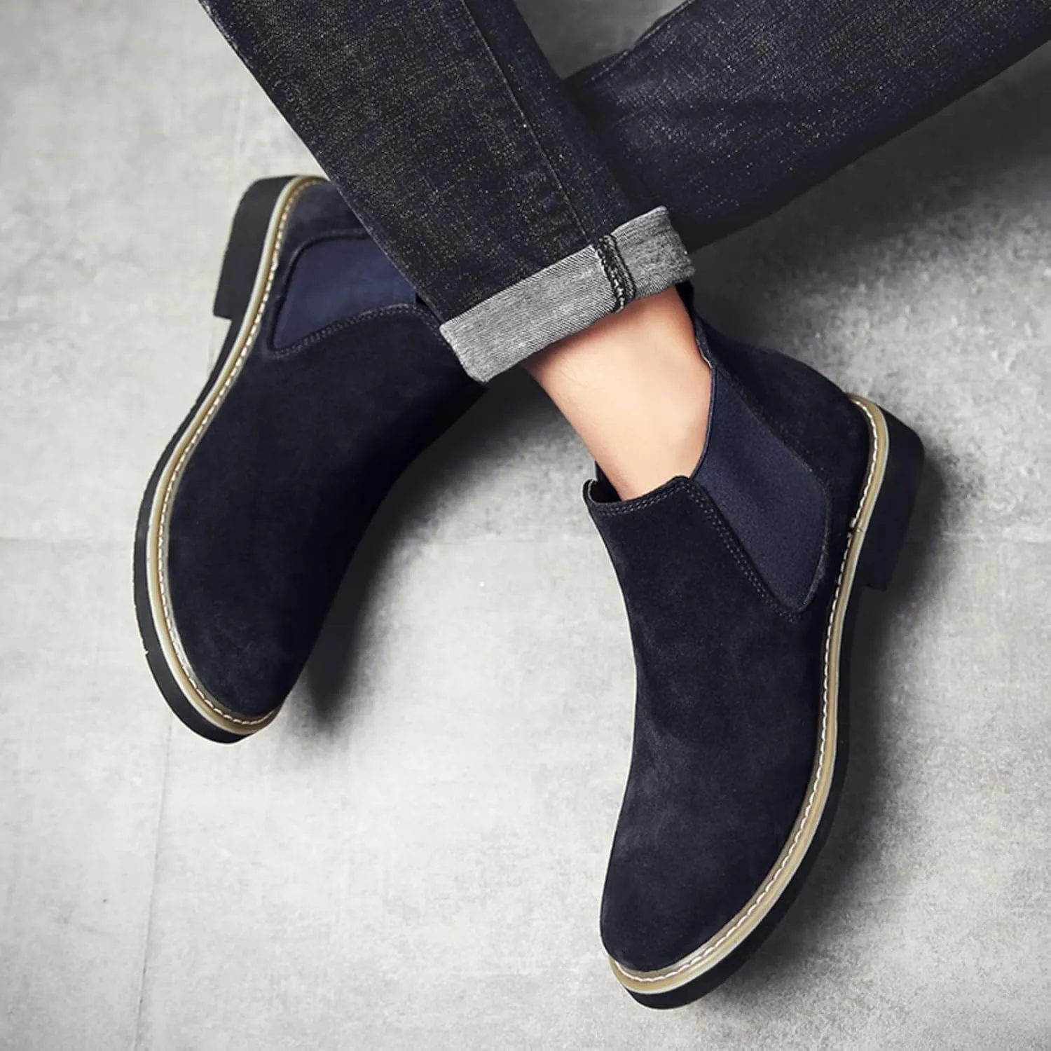Mens Suede Leather Slip On Classic Chelsea Ankle Boots Retro Casual Low Heels Chukka Elastic Dress Boots for Walking Daily Driving
