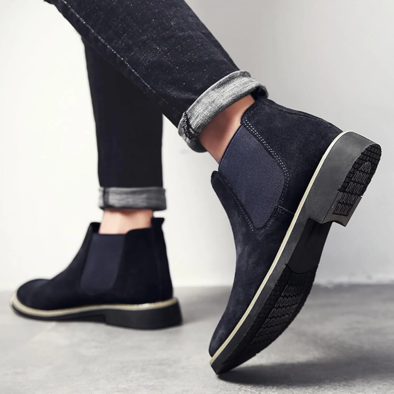 Mens Suede Leather Slip On Classic Chelsea Ankle Boots Retro Casual Low Heels Chukka Elastic Dress Boots for Walking Daily Driving