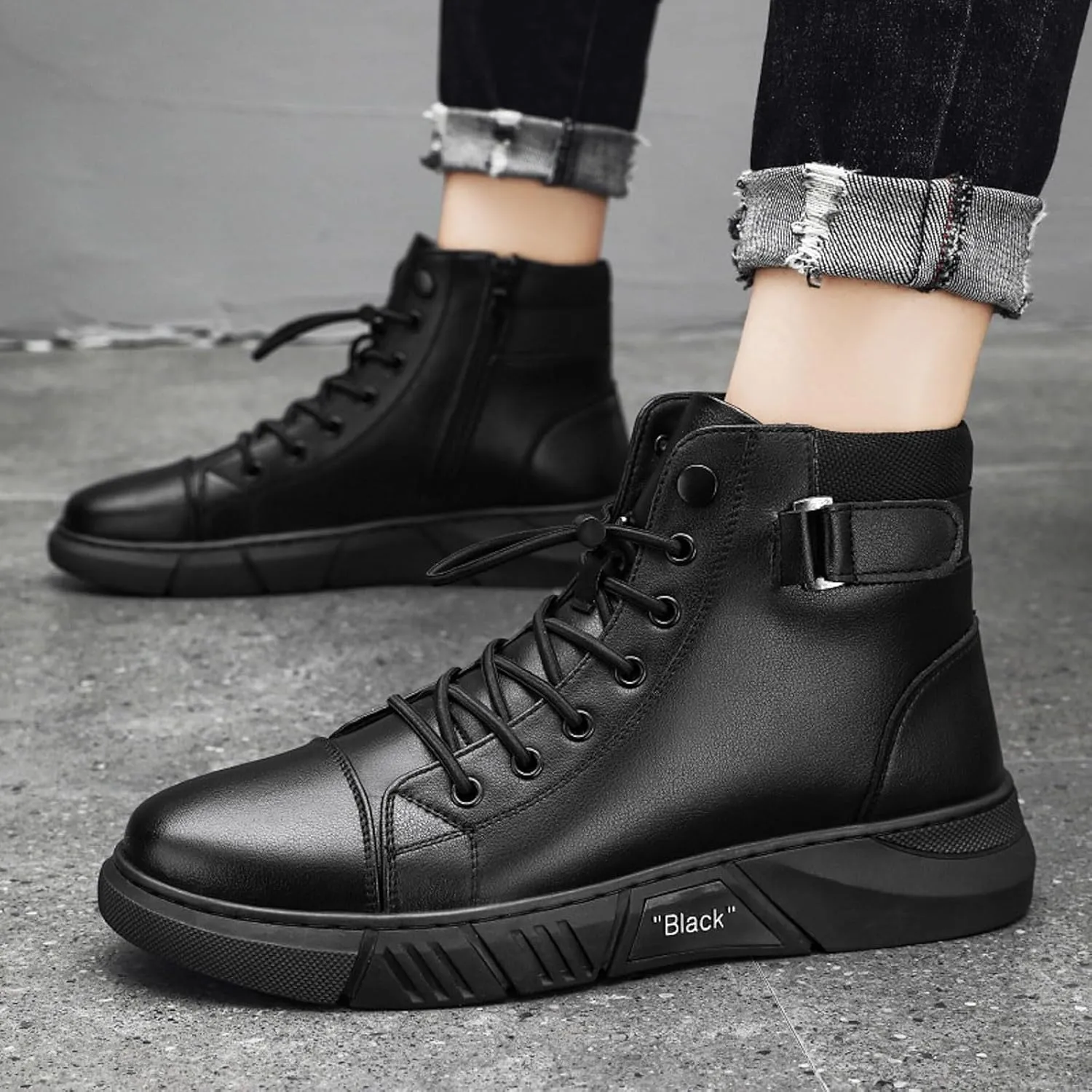 Men's Trendy Solid Color Ankle Boots Thick Sole Heightening High Top Boots Lace Up Non Slip Chukka Side Winter Shoes Men