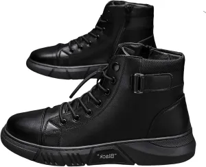Men's Trendy Solid Color Ankle Boots Thick Sole Heightening High Top Boots Lace Up Non Slip Chukka Side Winter Shoes Men