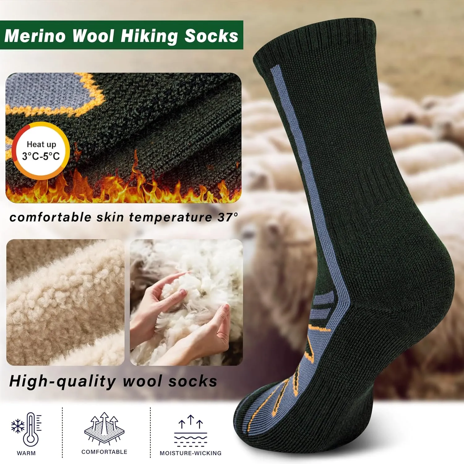 Merino Wool Hiking Socks for Cold Weather Socks Thermal Warm Crew Winter Boot Cushion Socks
