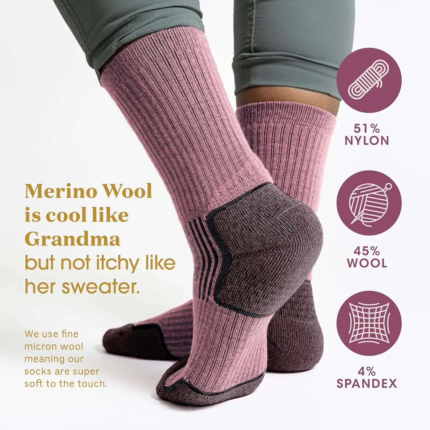 Merino Wool Socks for Women, Ladies Hiking Crew Socks for Camping, Warm Moisture Wicking Soft Cushion Boot Sock