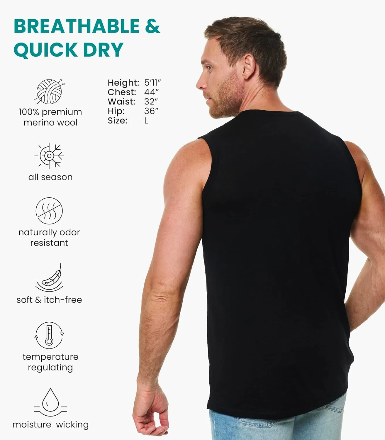 Merino Wool Tank Top Men - Active Merino Wool Undershirt Moisture Wicking Breathable Anti-Odor Lightweight Base Layer