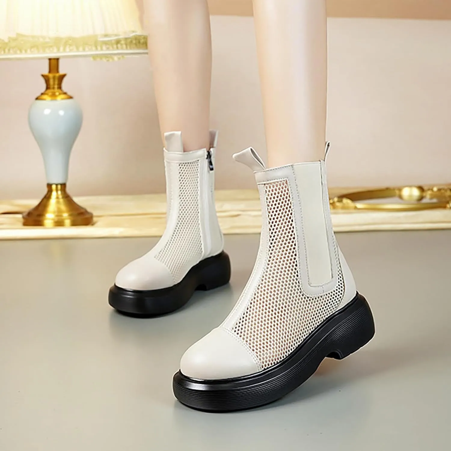Mesh Boots for Women Breathable Platform Ankle Booties Elastic Mid Calf Boot with Side Zipper