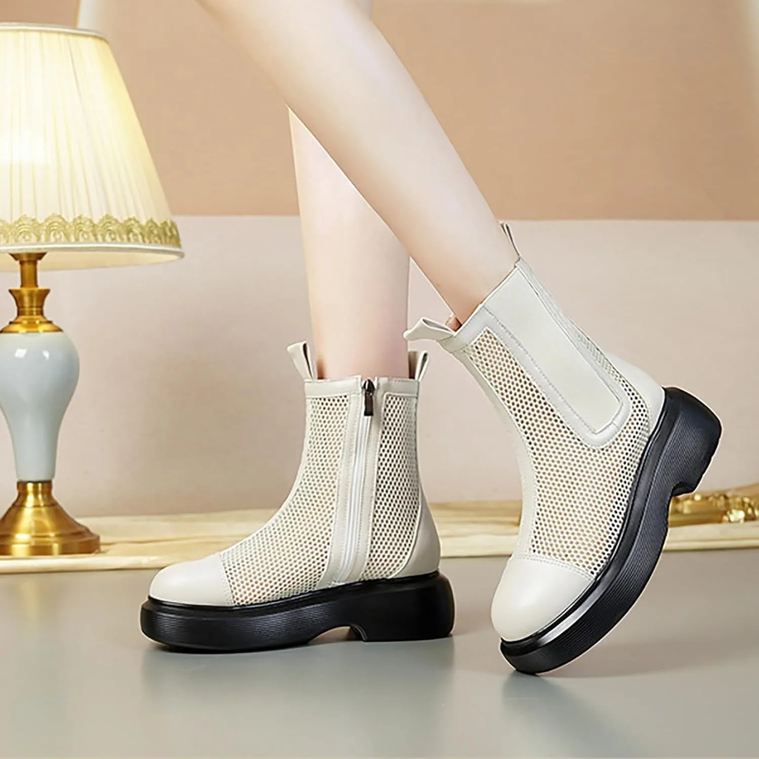 Mesh Boots for Women Breathable Platform Ankle Booties Elastic Mid Calf Boot with Side Zipper