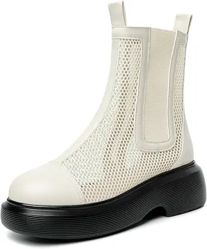 Mesh Boots for Women Breathable Platform Ankle Booties Elastic Mid Calf Boot with Side Zipper