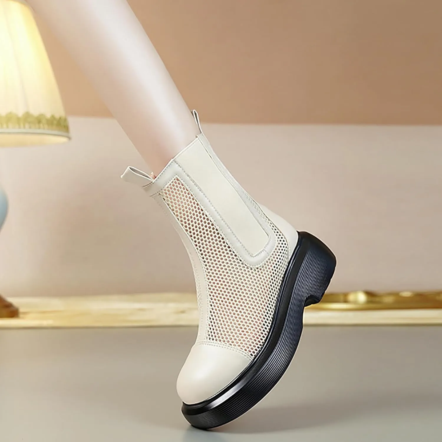 Mesh Boots for Women Breathable Platform Ankle Booties Elastic Mid Calf Boot with Side Zipper