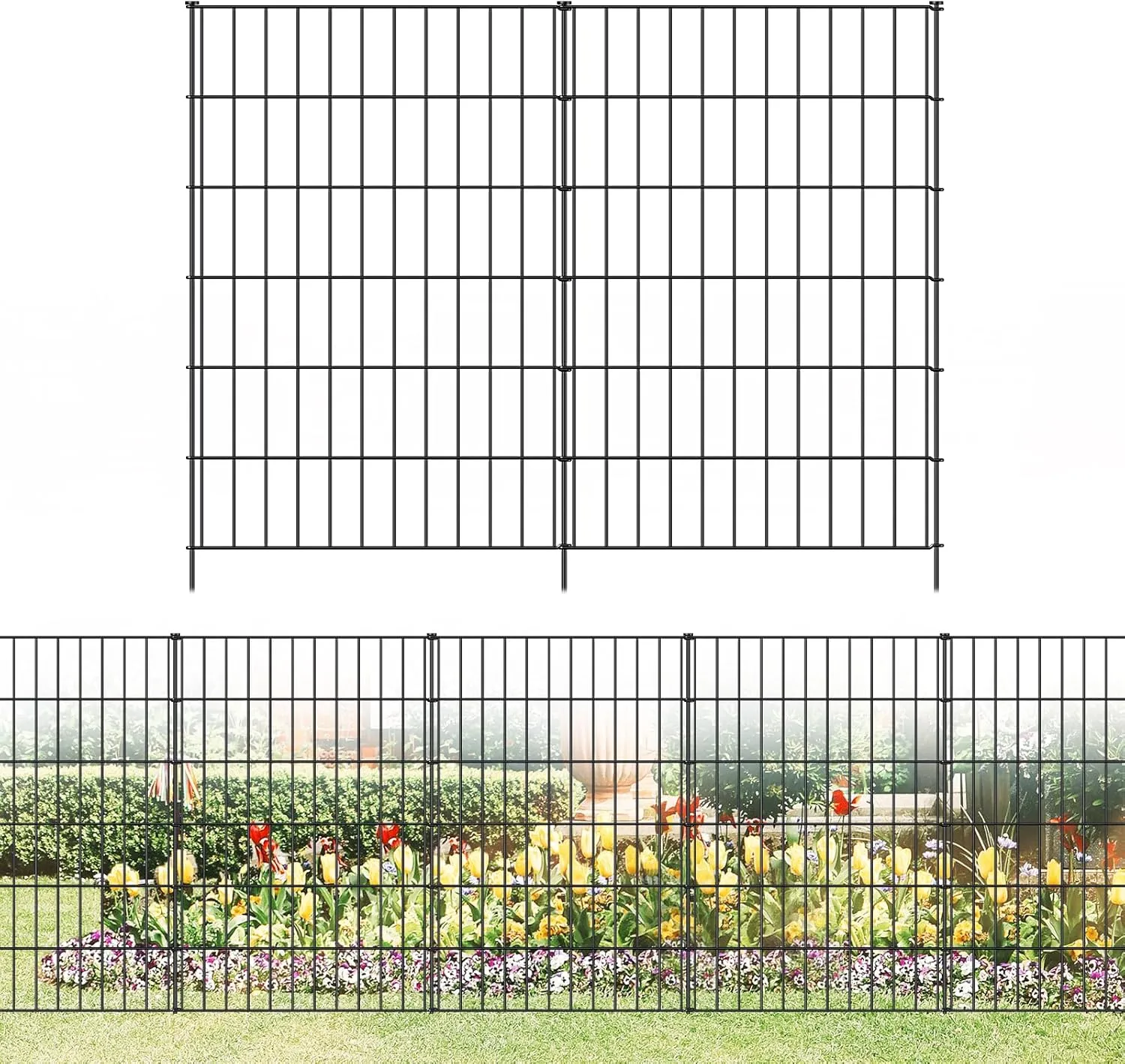 Metal Garden Fence 40in (H) x 23.3ft (L), 10 Panels   11 Stakes Dog Fences Border Fence Animal Barrier, No Dig Garden Fencing for Yard Flower Bed Lawn Patio Outdoor, PIN402810 Black