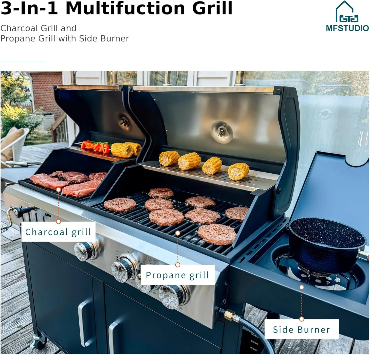 MFSTUDIO 3 In 1 Gas and Charcoal Grill Combo with Side Burner, Porcelain-Enameled Cast Iron Grate, Extra Large Dual-Function BBQ Propane Grills for Outdoor Barbecue Cooking, 690 SQIN Cooking Area