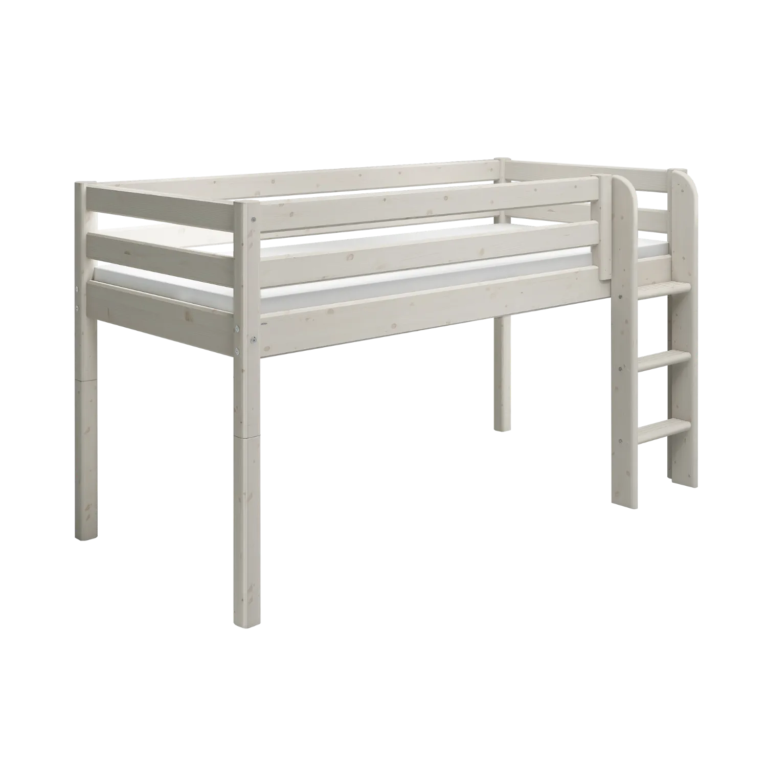 Mid-High Bed with Ladder and Safety Rail, 90x200 cm, Grey