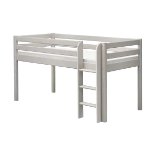 Mid-High Bed with Ladder and Safety Rail, 90x200 cm, Grey