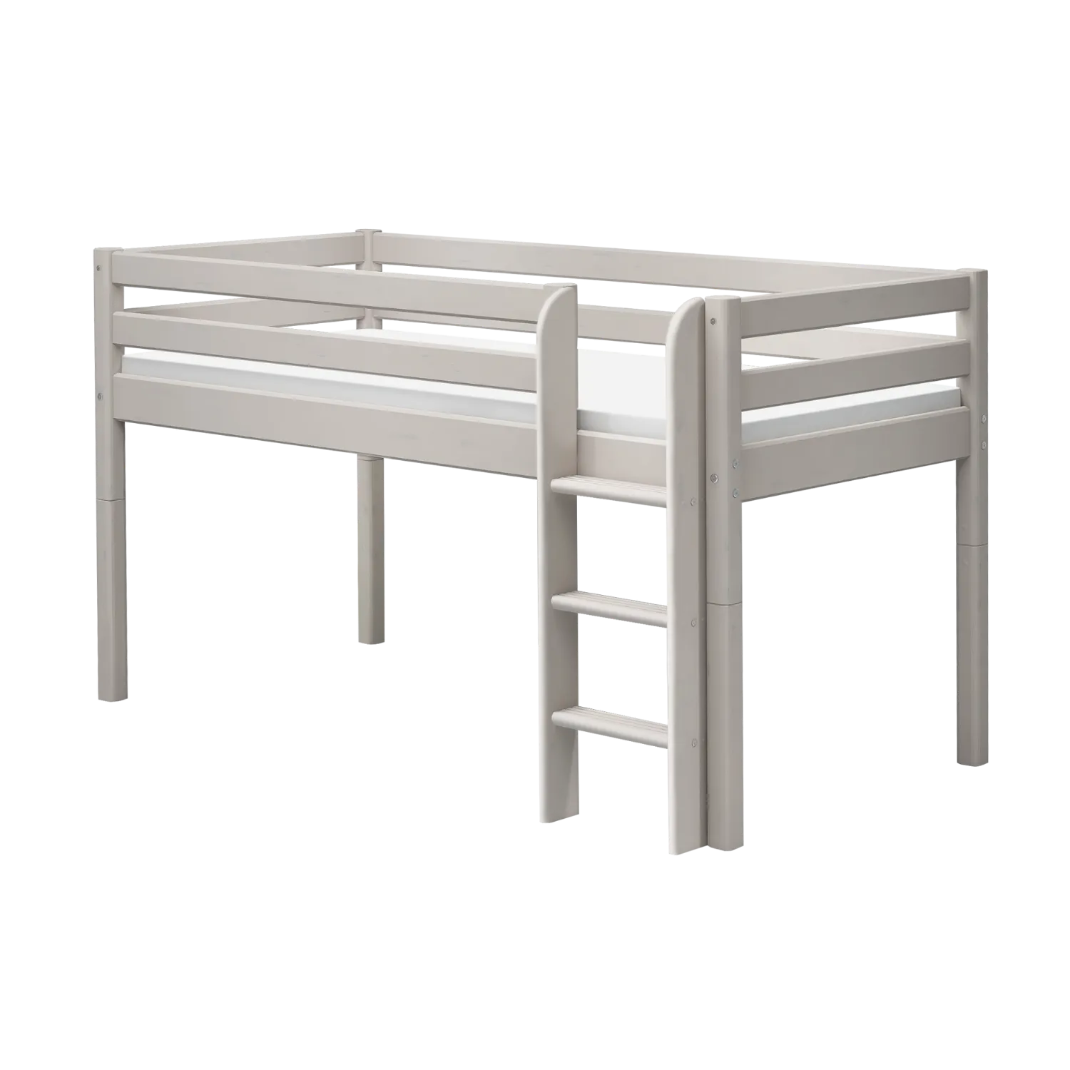 Mid-High Bed with Ladder and Safety Rail, 90x200 cm, Grey