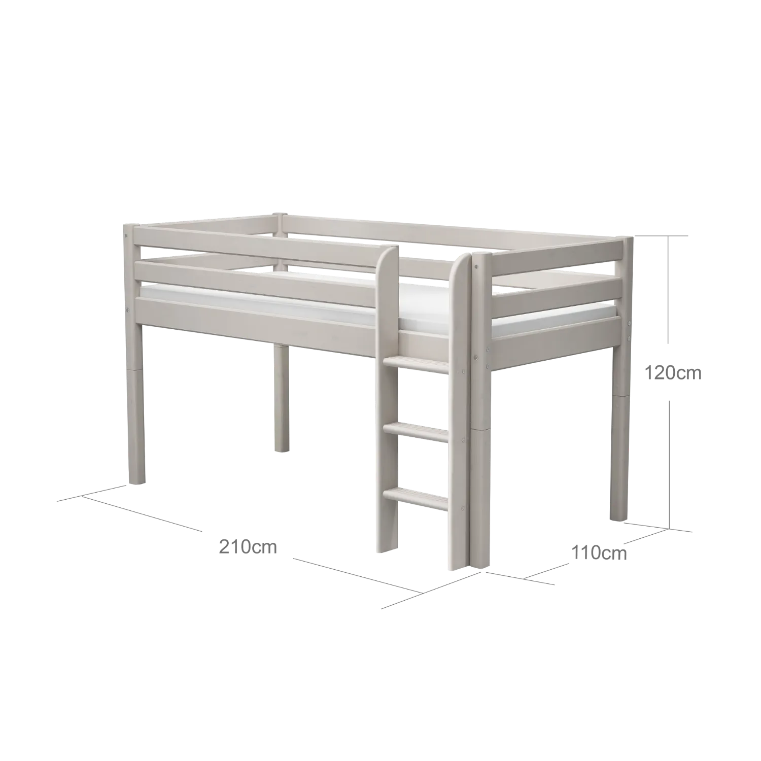 Mid-High Bed with Ladder and Safety Rail, 90x200 cm, Grey