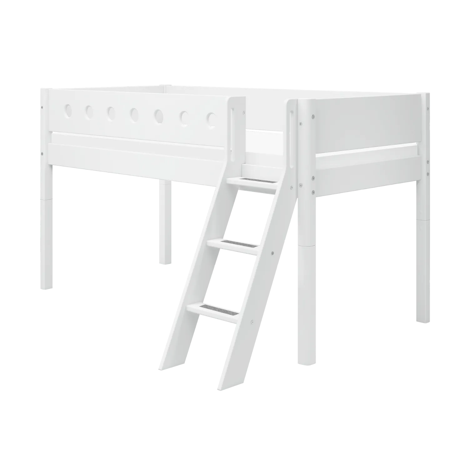 Mid-High Bed with Ladder and Safety Rail, 90x200 cm, White