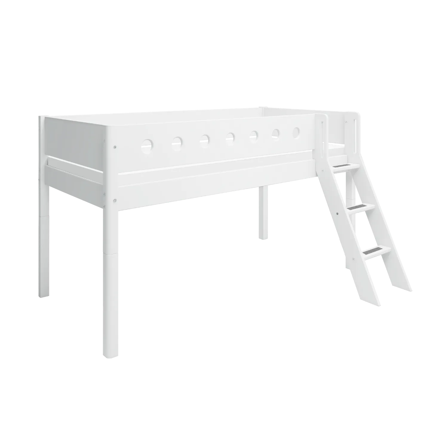 Mid-High Bed with Ladder and Safety Rail, 90x200 cm, White