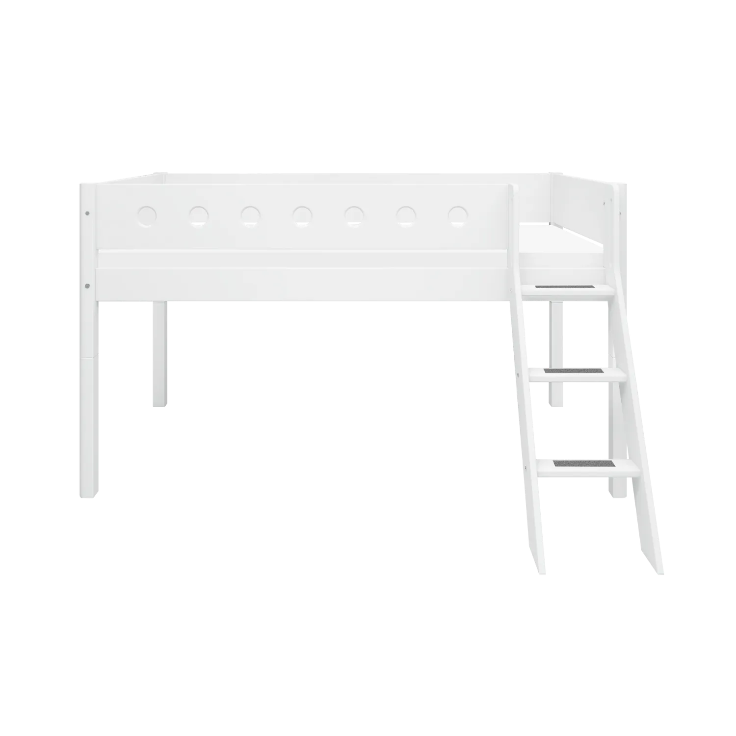Mid-High Bed with Ladder and Safety Rail, 90x200 cm, White
