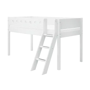 Mid-High Bed with Ladder and Safety Rail, 90x200 cm, White