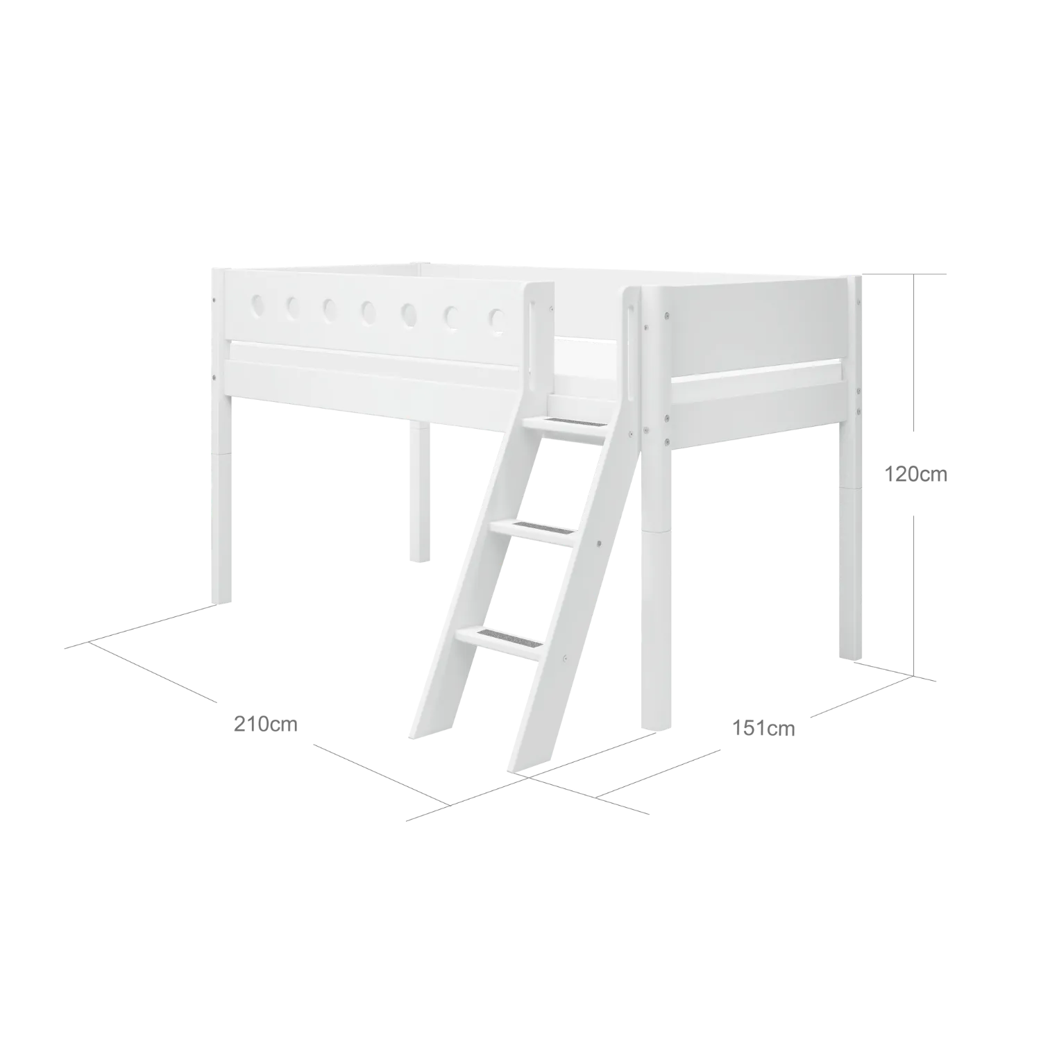 Mid-High Bed with Ladder and Safety Rail, 90x200 cm, White