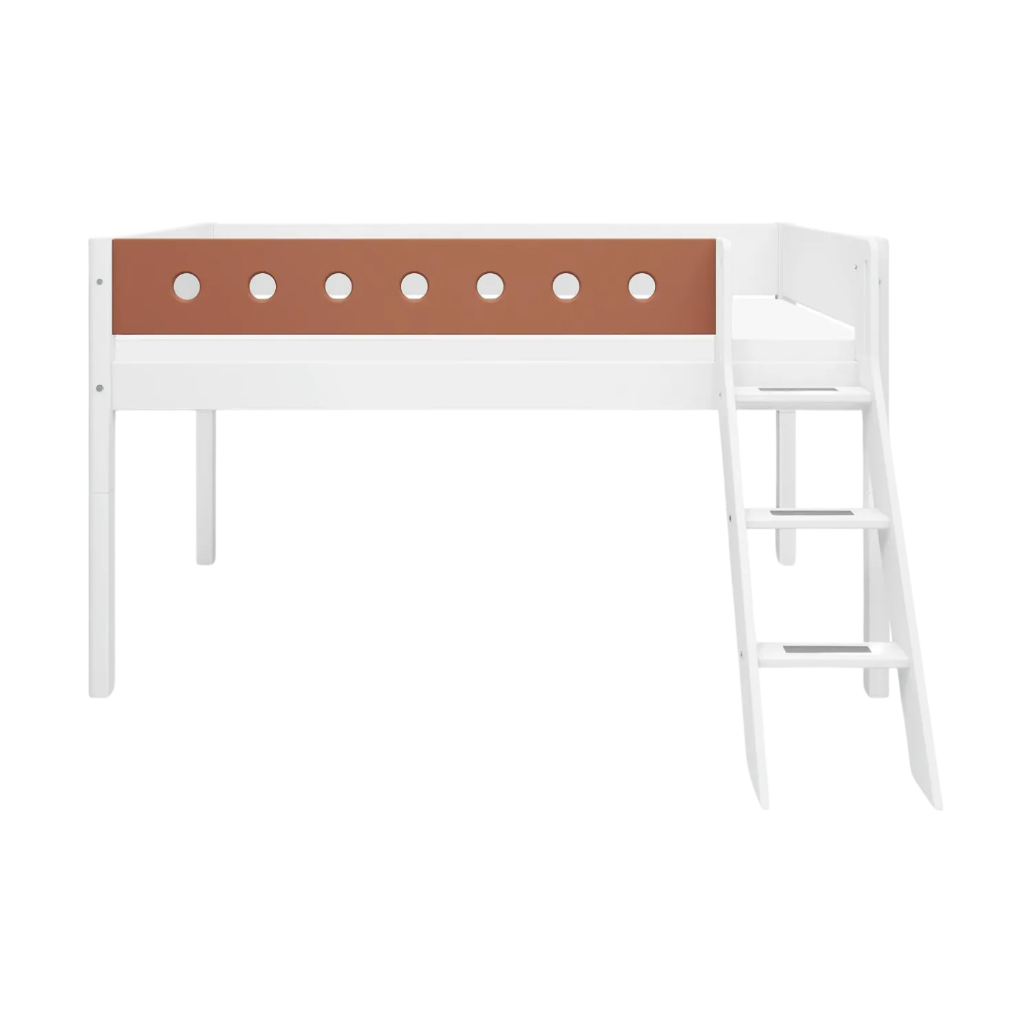 Mid-High Bed with Ladder and Safety Rail, 90x200 cm, White