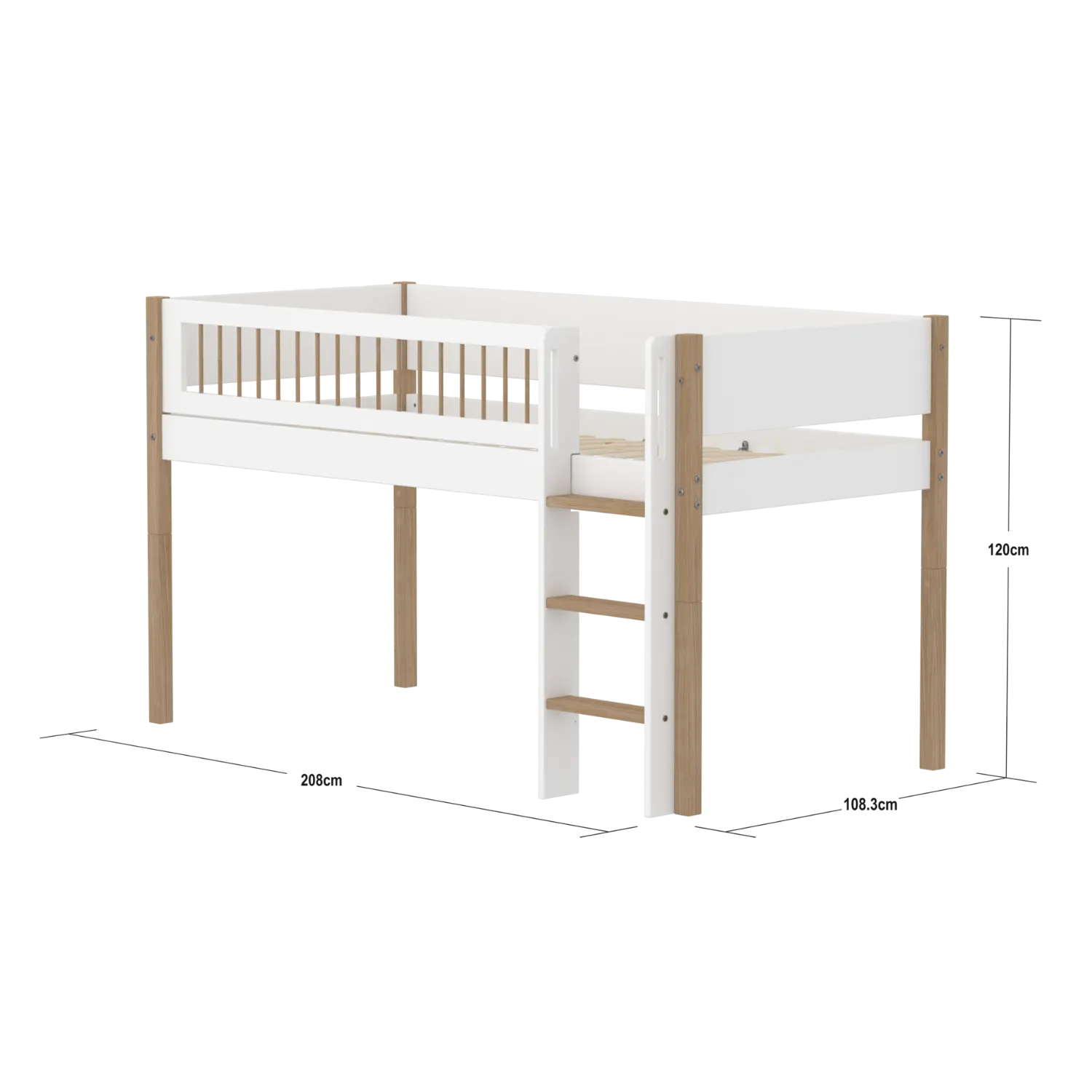 Mid-High Bed with Ladder and Safety Rail, 90x200 cm, White/Oak