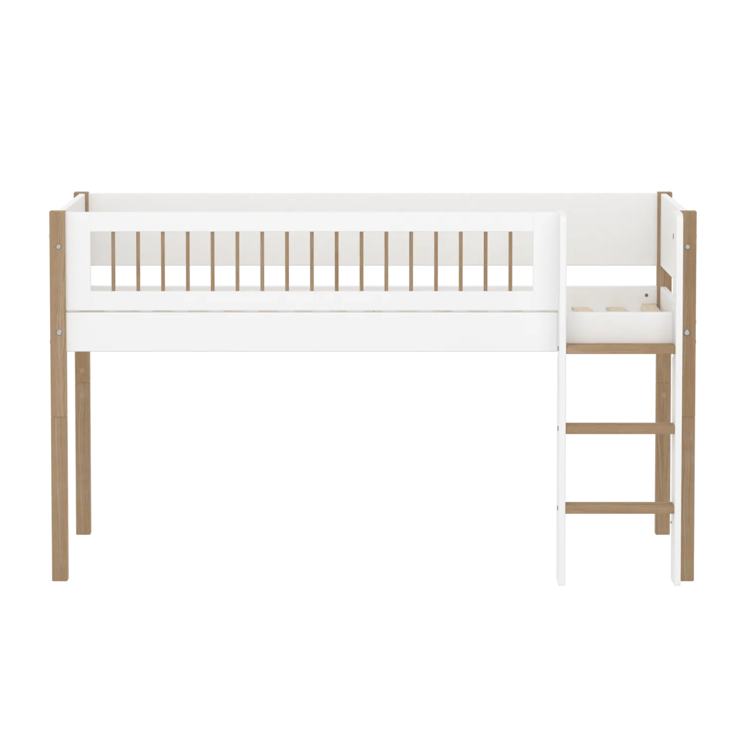 Mid-High Bed with Ladder and Safety Rail, 90x200 cm, White/Oak