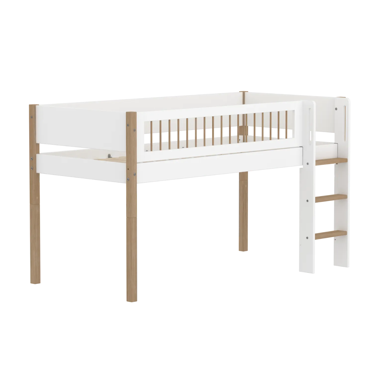 Mid-High Bed with Ladder and Safety Rail, 90x200 cm, White/Oak