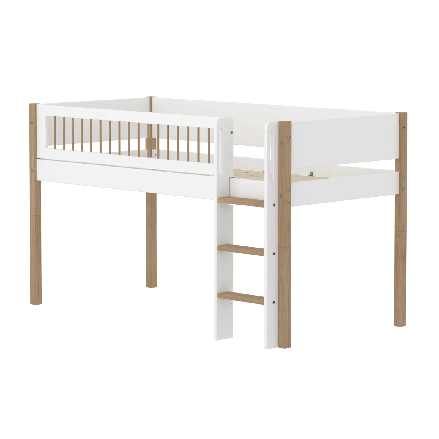 Mid-High Bed with Ladder and Safety Rail, 90x200 cm, White/Oak