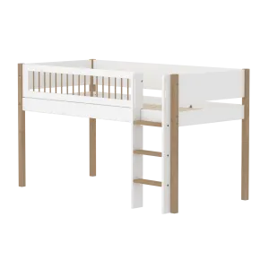 Mid-High Bed with Ladder and Safety Rail, 90x200 cm, White/Oak