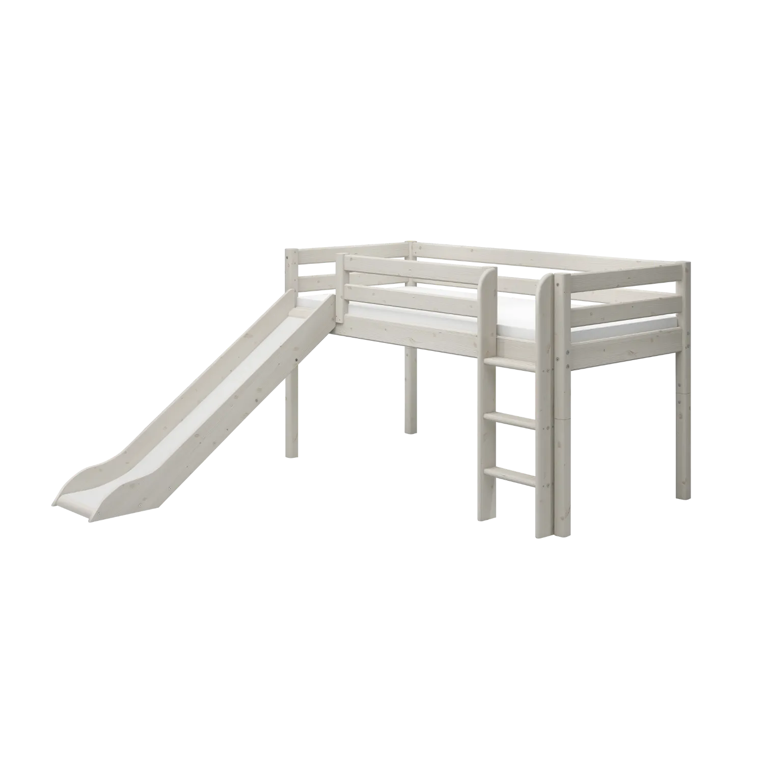 Mid-High Bed with Slide and Ladder, 90x200 cm, White