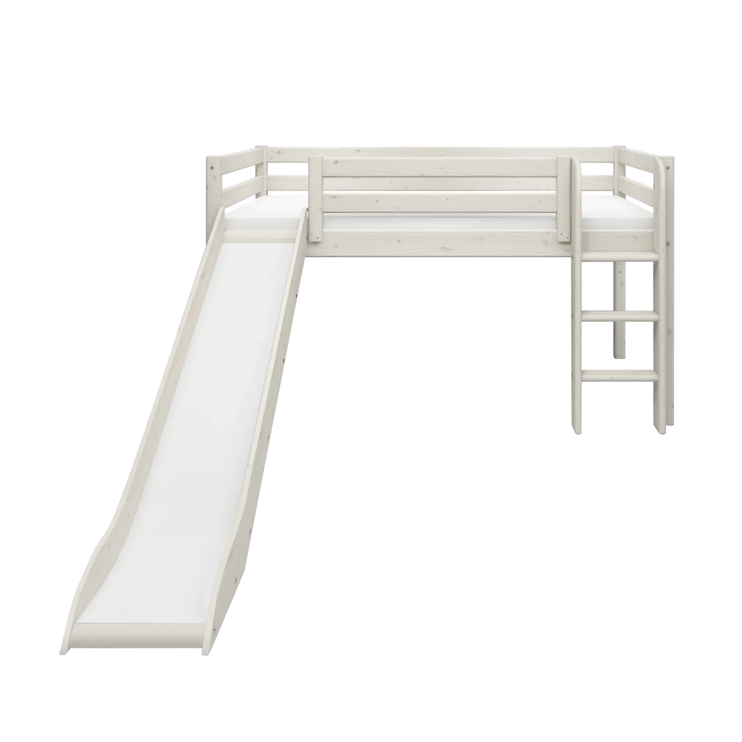 Mid-High Bed with Slide and Ladder, 90x200 cm, White