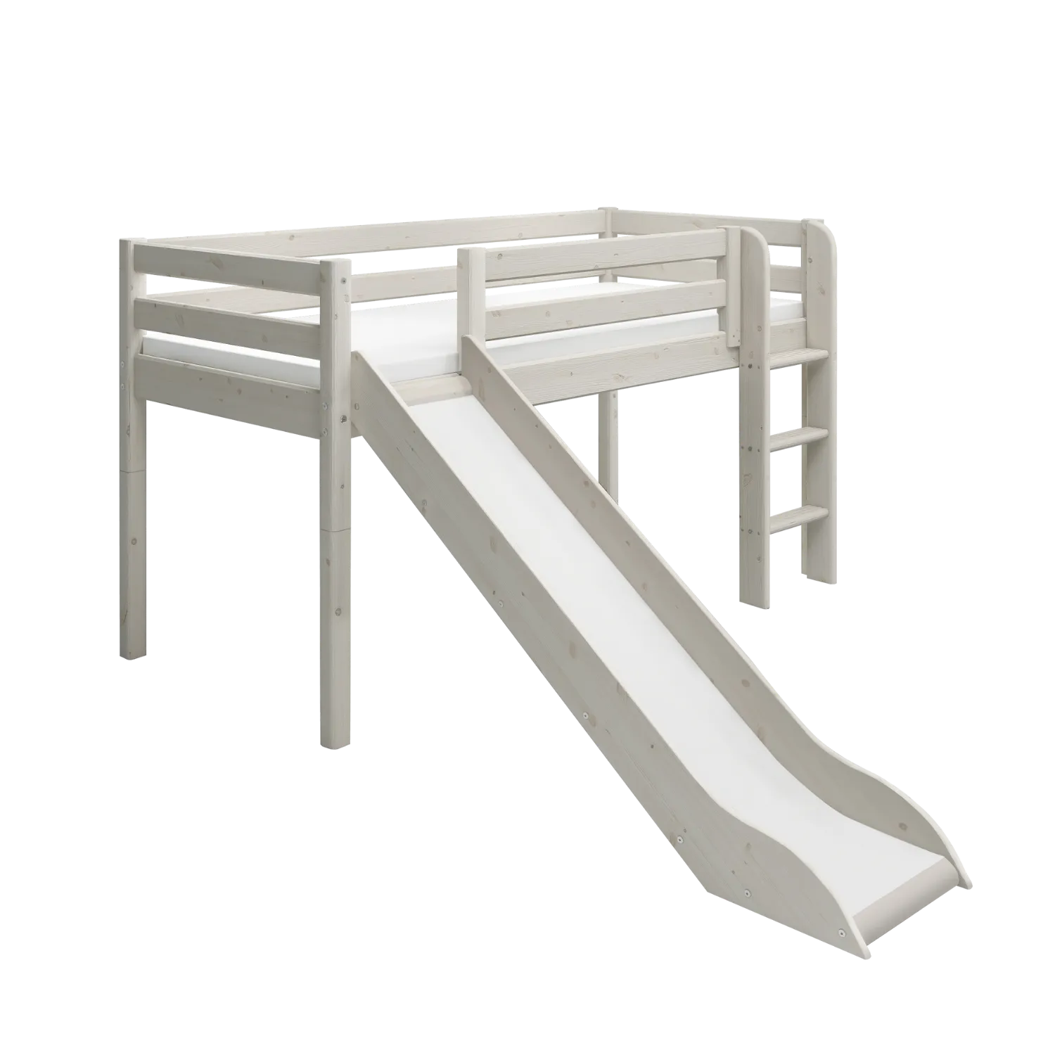 Mid-High Bed with Slide and Ladder, 90x200 cm, White