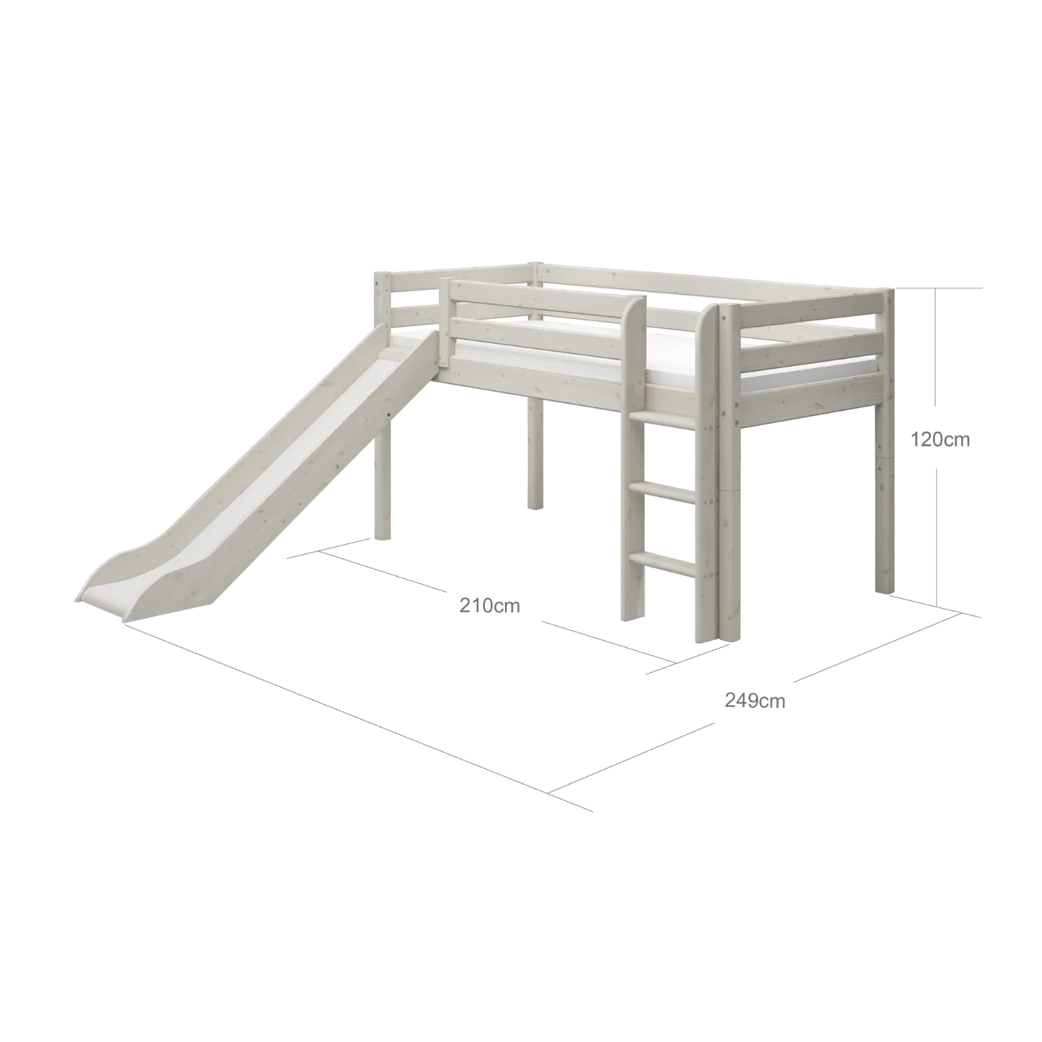 Mid-High Bed with Slide and Ladder, 90x200 cm, White
