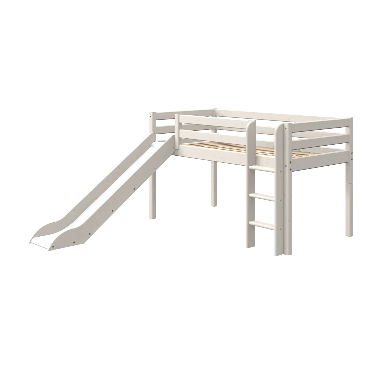 Mid-High Bed with Slide and Ladder, 90x200 cm, White