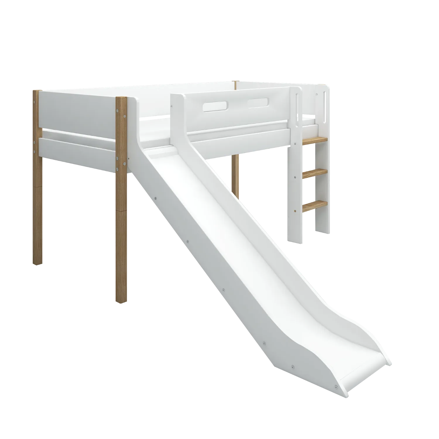 Mid-High Bed with Slide and Safety Rail, 90x200 cm, White/Oak