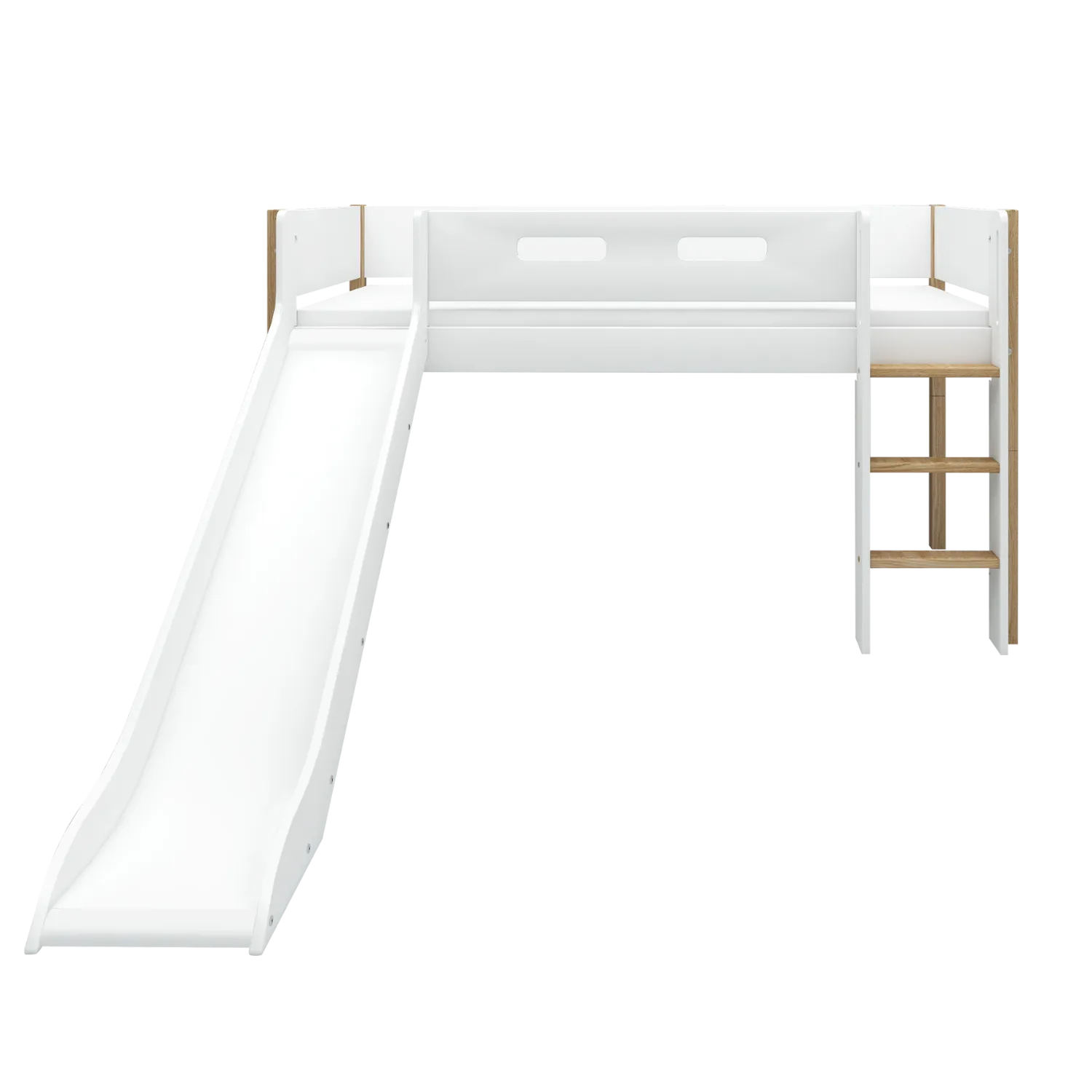 Mid-High Bed with Slide and Safety Rail, 90x200 cm, White/Oak