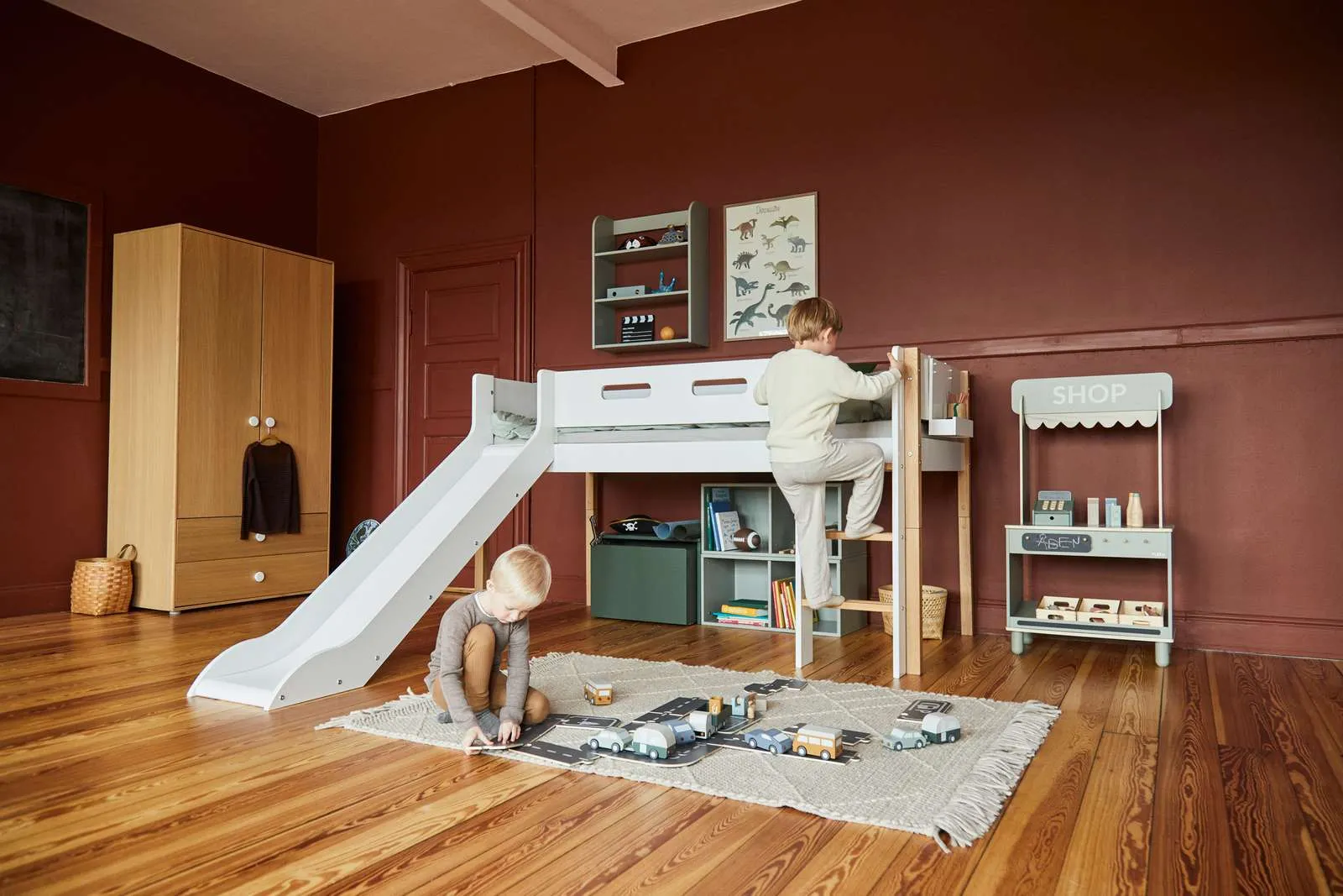 Mid-High Bed with Slide and Safety Rail, 90x200 cm, White/Oak