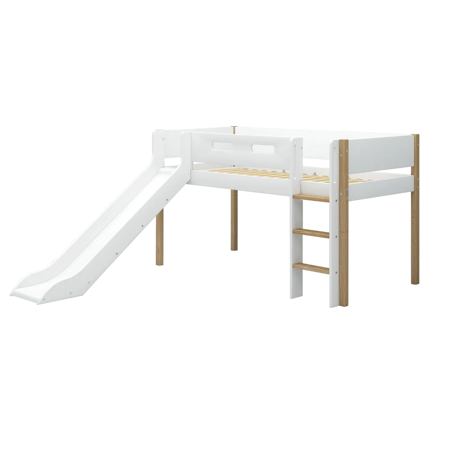 Mid-High Bed with Slide and Safety Rail, 90x200 cm, White/Oak