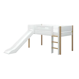 Mid-High Bed with Slide and Safety Rail, 90x200 cm, White/Oak