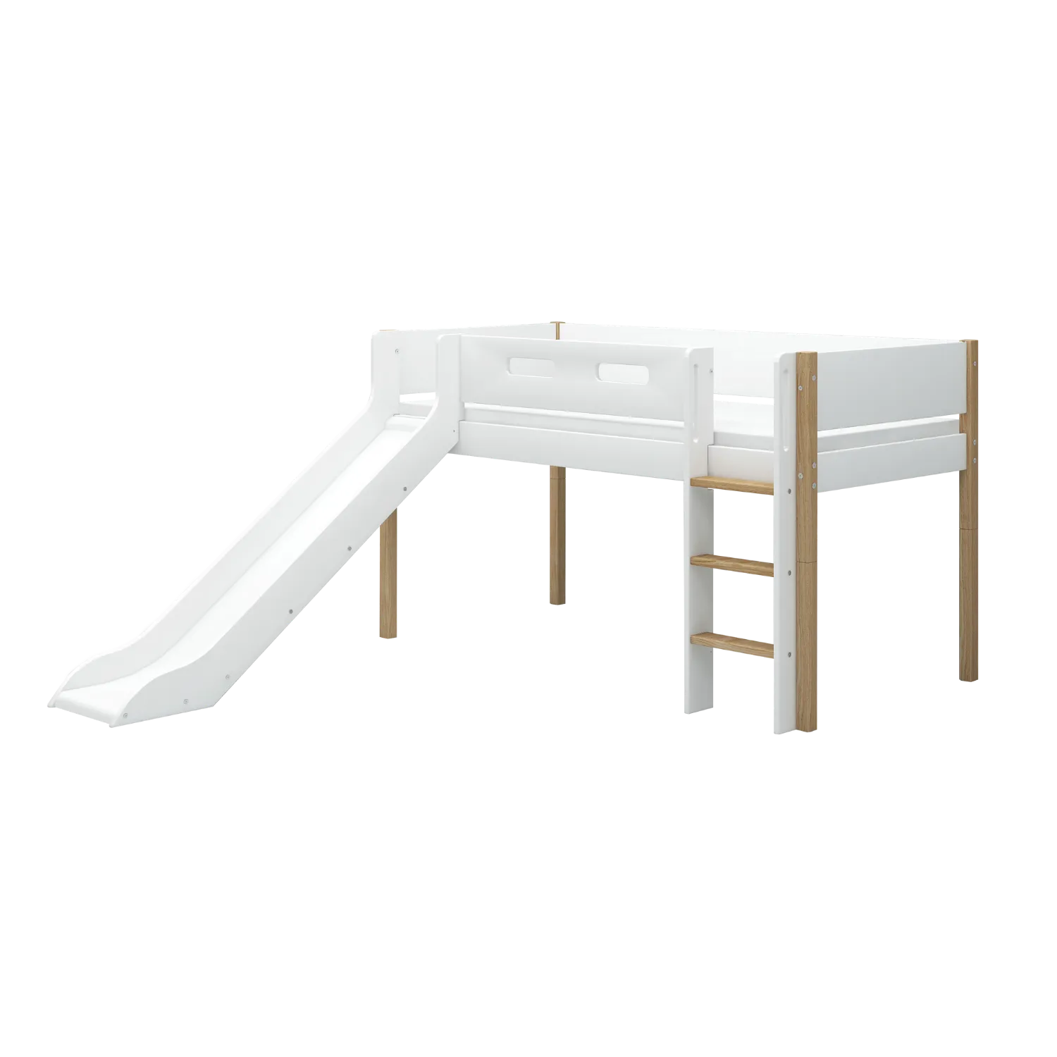 Mid-High Bed with Slide and Safety Rail, 90x200 cm, White/Oak