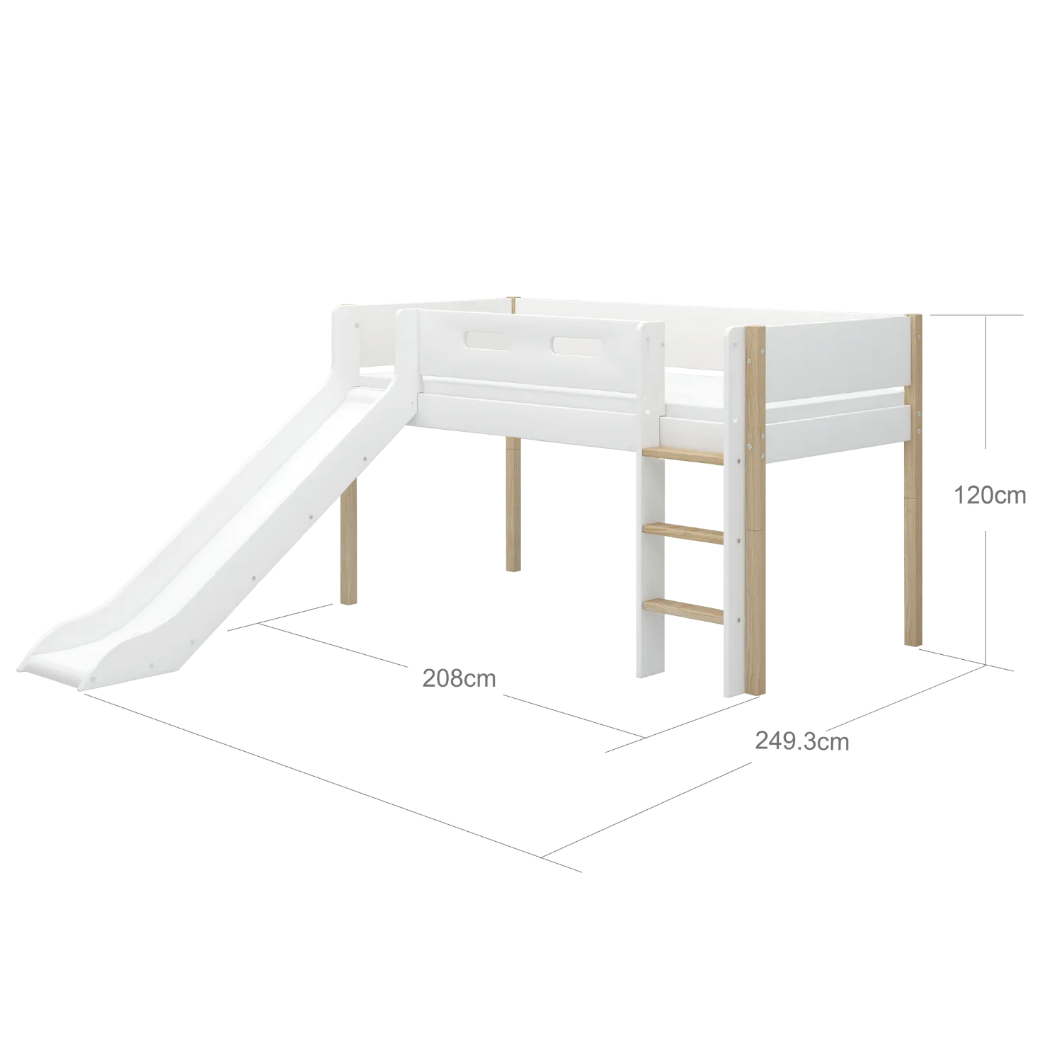 Mid-High Bed with Slide and Safety Rail, 90x200 cm, White/Oak
