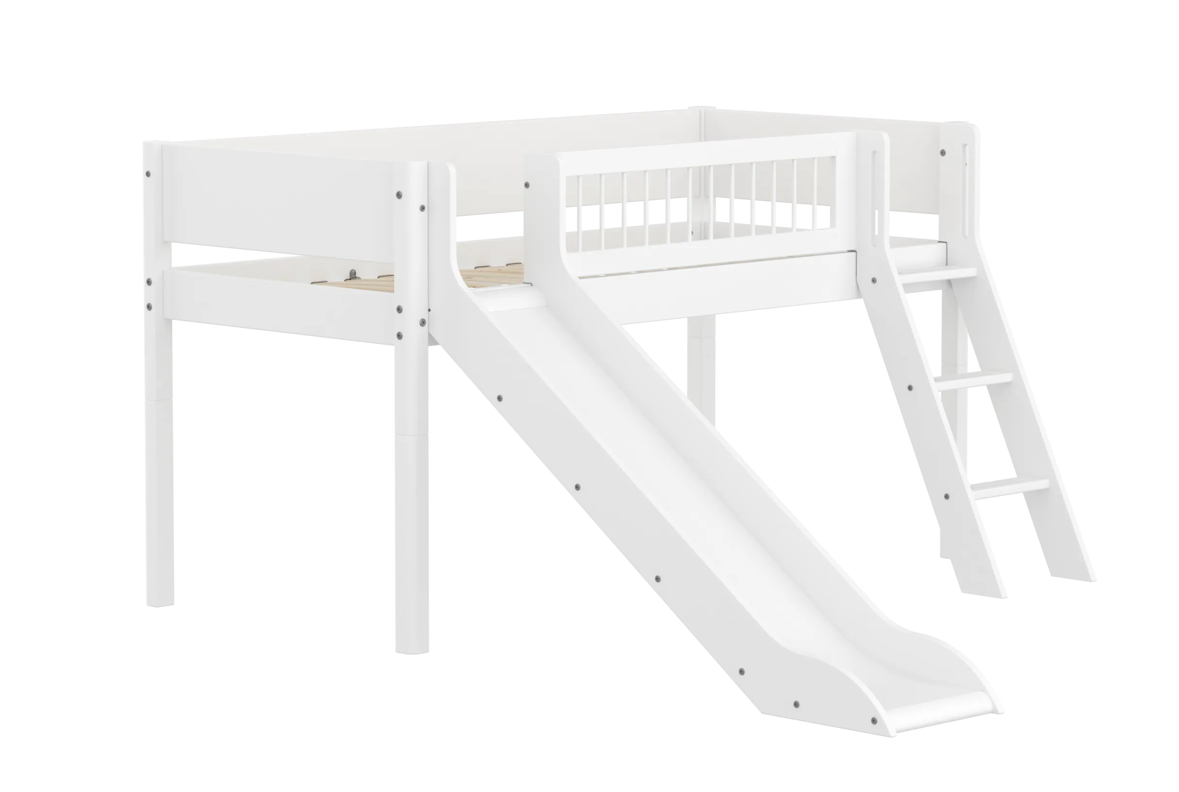 Mid-High Bed with Slide, Ladder and Safety Rail, 90x200 cm, White