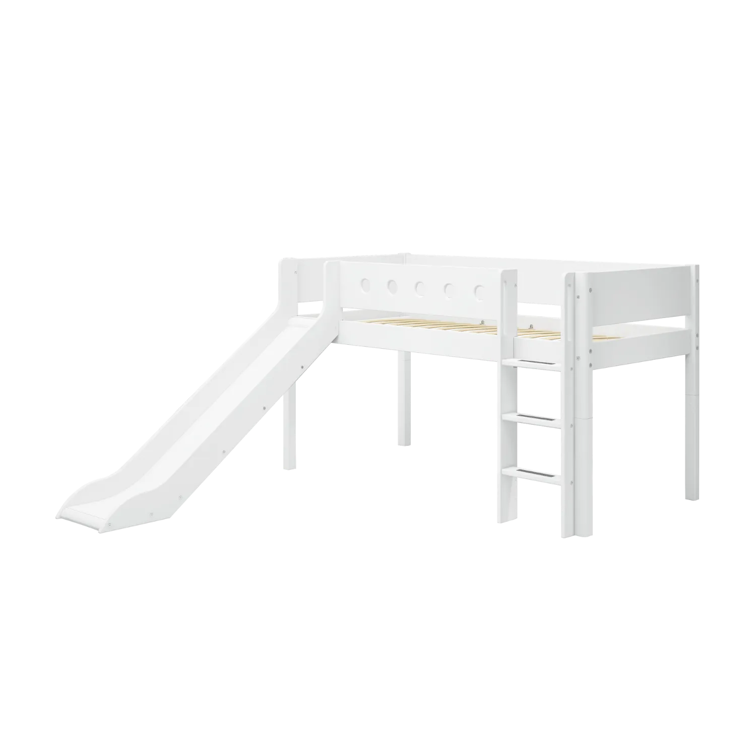 Mid-High Bed with Slide, Ladder and Safety Rail, 90x200 cm, White